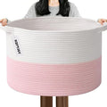 115L Extra Large Pink Woven Cotton Rope Basket with Handles, Kids Nursery Laundry Hamper for Toys, Blankets, Pillows & Comfor