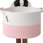 65L Large Pink Woven Cotton Rope Basket with Handles, Kids Nursery Laundry Hamper for Toys, Blankets, Pillows & Comforters, C