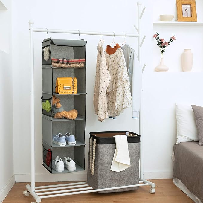 BrilliantJo 5 Shelves Hanging Closet Organizer, 2 Pack Hanging Storage with 6 Side Pockets for Clothes Bags, 43"x12"x12"(Gray