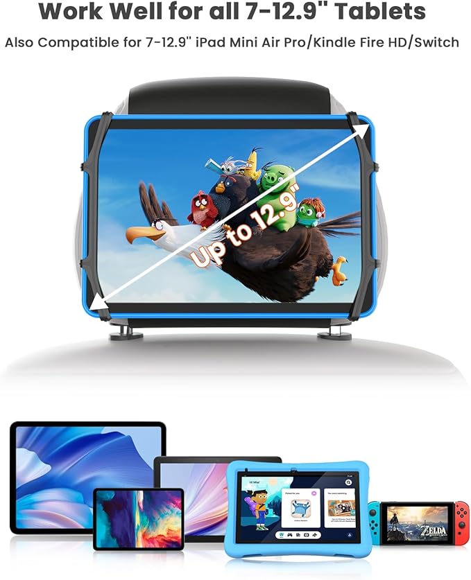 WONNIE Tablet Holder for Car, Upgraded iPad Holder for Car Mount Headrest, iPad Mount Back Seat for Kids with Anti-Slip Strap, Silicone Holding Net/Fits All 7-12.9'' Tablets