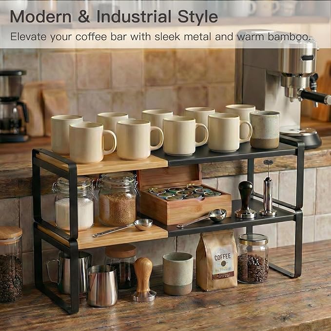 Expandable Kitchen Counter Shelf Organizer, Black Coffee Bar Accessories & Station Decor, Industrial Cabinet Riser with [Secu