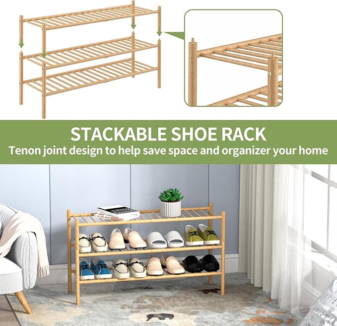 ROMGUAR CRAFT 3-Tier Bamboo Long Shoe Rack, Free Standing Wood Shoe Shelf Storage Organizer for Closet Entryway Stackable 35"
