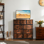 DUMOS Dresser for Bedroom, Storage Organizer with 9 Drawers, Chest of Drawers with Fabric Bins, Sturdy Metal Frame, Wood Tabl