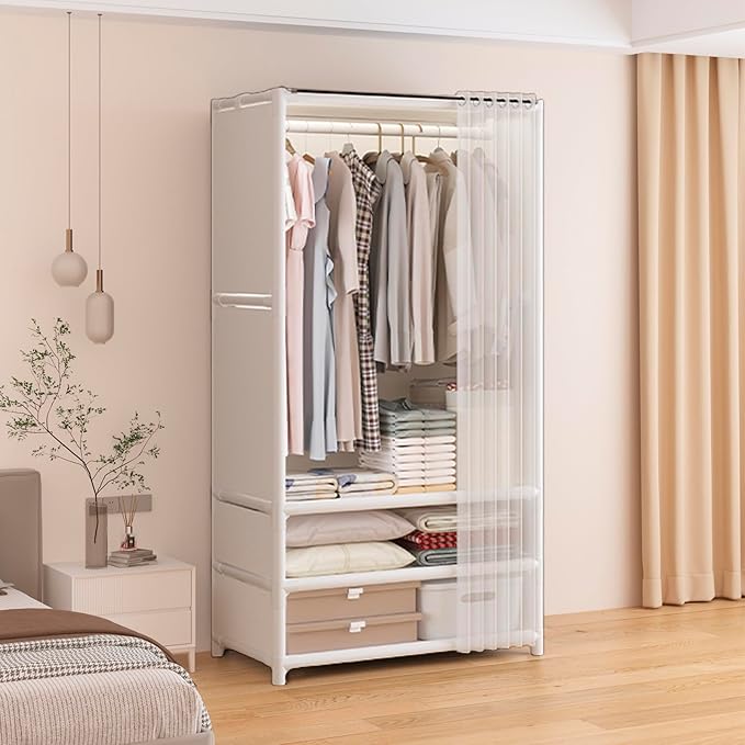 Portable Closet,Portable Closets for Hanging Clothes,Japanese Style Wardrobe with 1 Hanging Rods,2 Storage Shelves,27.5" L x 