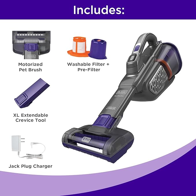 BLACK+DECKER dust buster Handheld Vacuum Cordless, Pet Hair Vacuum, Portable for Home and Car with Pet Brush, Rechargeable, P