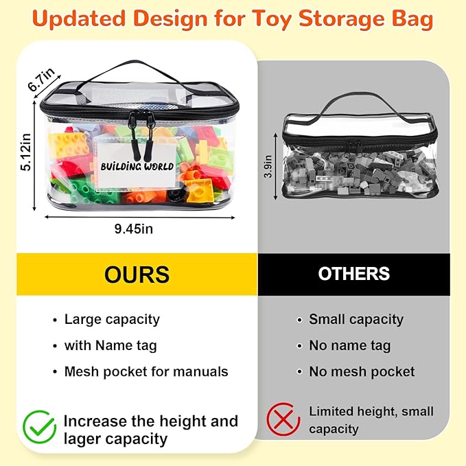 Tesuko 6 Pack Clear Toy Storage Bag with Name Tag& Manual Pocket, Waterproof Transparent PVC Toy Organizer Case for Lego Bric