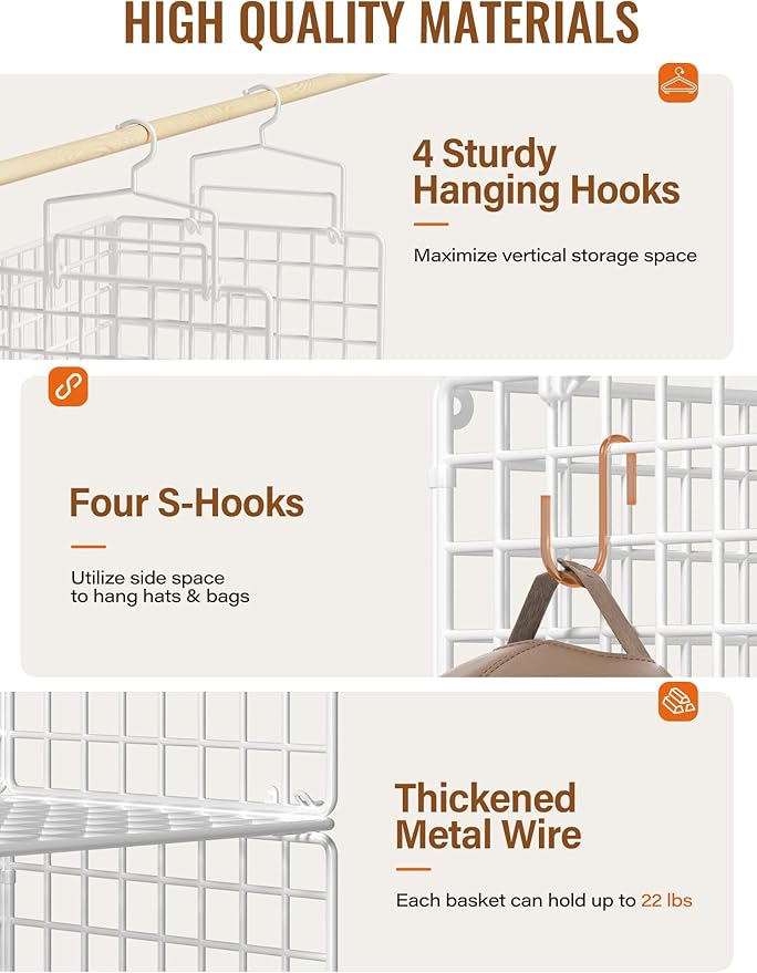 6 Tier Closet Hanging Organizer, Metal Closet Organizers and Storage with 4 Hanging Hooks 4 S-Hooks for Wardrobe Laundry Room