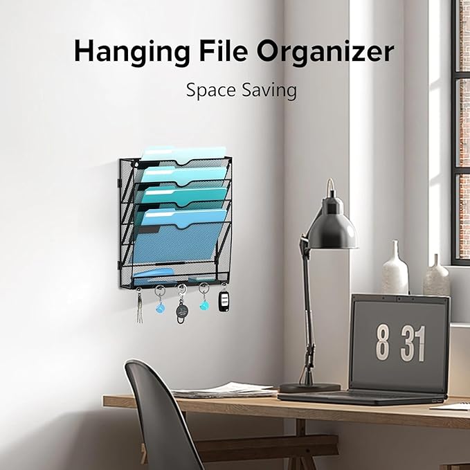 2 Pack 5 Tier Wall File Organizer - Hanging File Organizer with 5 Hooks, Mail Holder Wall Mounted for Papers, Folders, Magazi