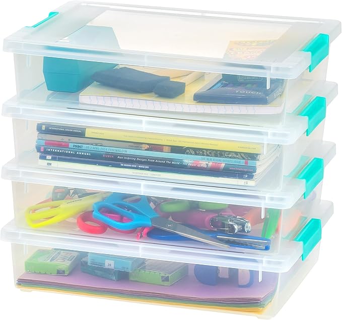 IRIS USA 6 Qt. Craft Storage Bins with Lids, 4-Pack, |Made in USA|, Clip Box, Small Plastic Sensory Bin Tote Organizer Contai