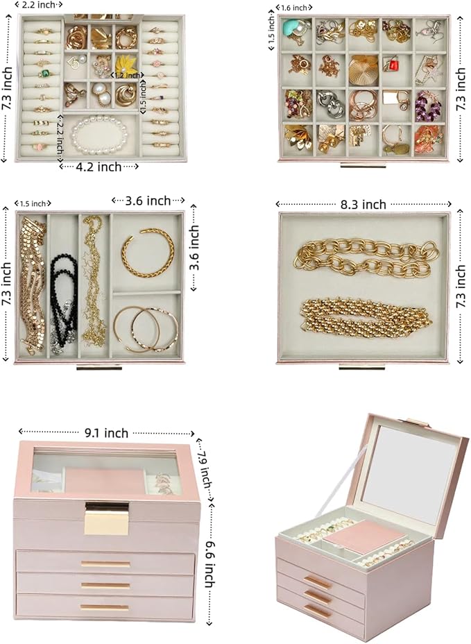 BOOVO Clear Lid Jewelry Box,3 Layers Jewelry Organizer Large Jewelry Storage Box with 2 Drawers,Jewelry Holder Organzier of R