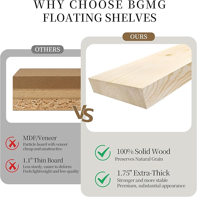 BGMG Wood Floating Shelves for Wall 54 inch Set of 2,White Floating Shelves,Solid Wood Wall Mount Shelves for Bathroom Living