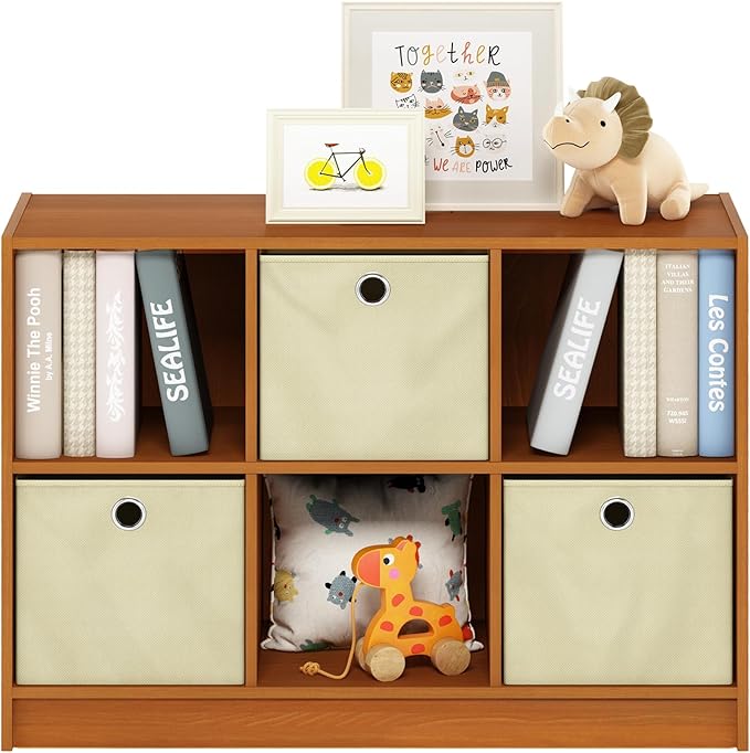 Furinno Basic 3x2 Bookcase Storage w/Bins, Light Cherry/Ivory