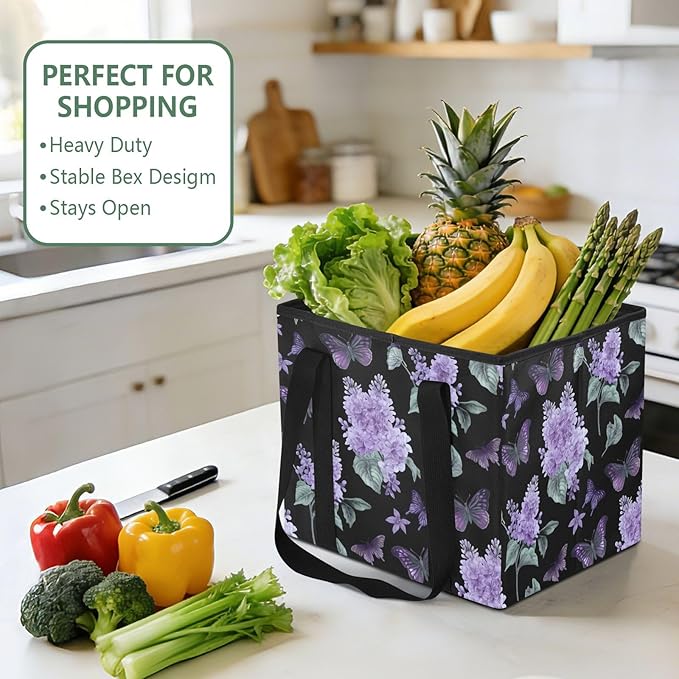 Purple Flowers Reusable Grocery Bags Large Shopping Tote Bag with Reinforced Bottom Board, Water Resistant Foldable Storage B