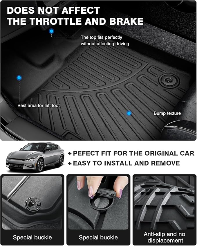 Powerty Floor Mats for 2022-2025 2026 Kia EV6 Accessories All Weather Floor Liner 3D TPE 1st & 2nd Row Floor Mat Heavy-Duty Floor Liners