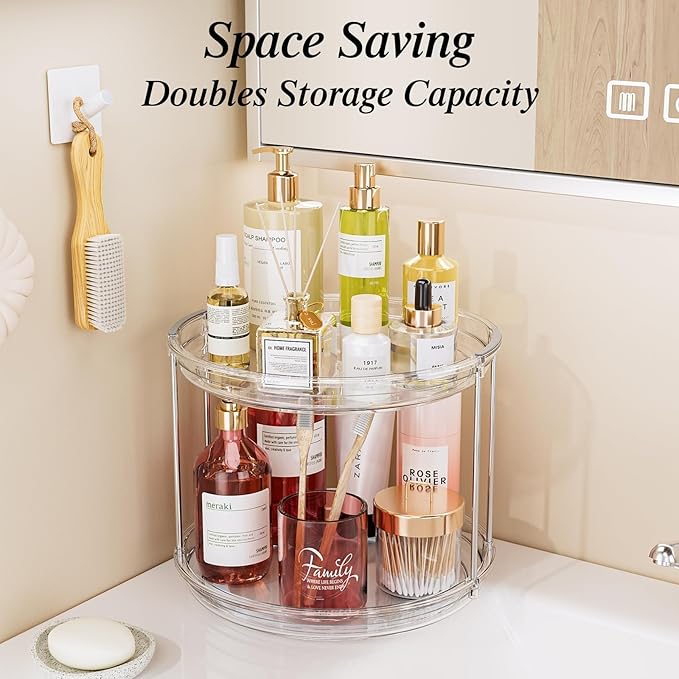 LAMU Rotating Makeup Organizer for Vanity, 10.6in 2 Tier Lazy Susan Turntable Stackable Spinning Skincare Organizer Cosmetic 