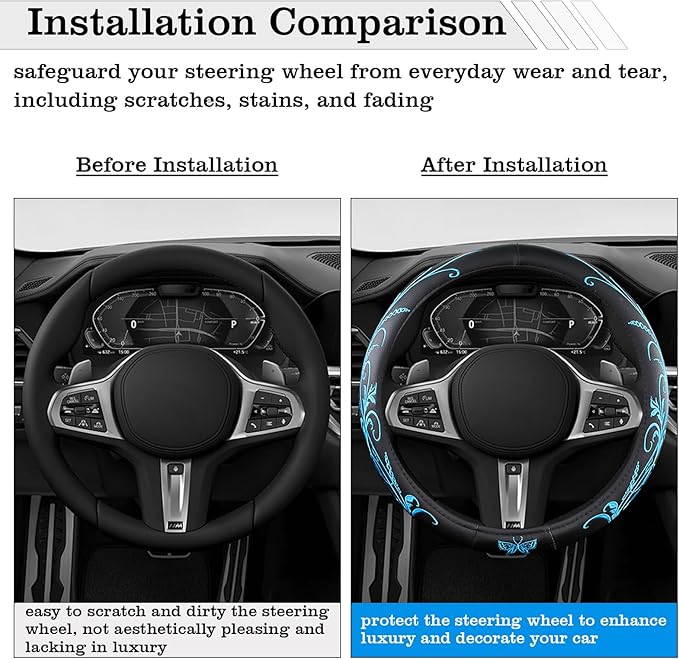 Car Leather Steering Wheel Cover - Panapi Material, Universal 14.5-15 Inch Leather Anti-Slip Breathable Auto Steering Wheel C