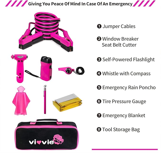 Roadside Emergency Car Kit for Vehicles, Car Safety Kit with Jumper Cables, Safety Hammer, Pink Car Accessories Road Trip Ess