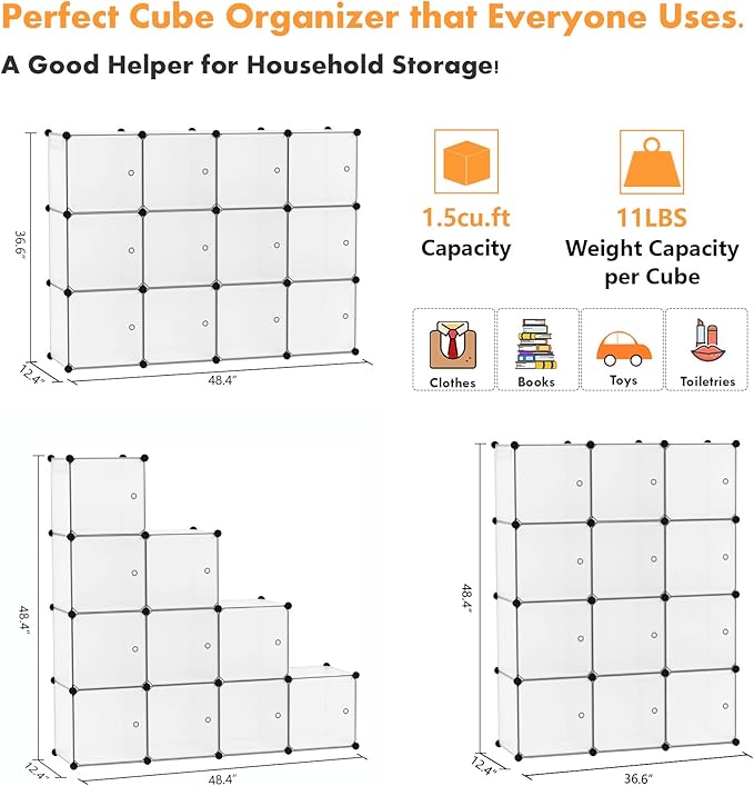 C&AHOME Cube Storage Organizer with Doors, 12-Cube Shelves, Closet Cabinet, DIY Plastic Modular Bookshelf Ideal for Bedroom, 