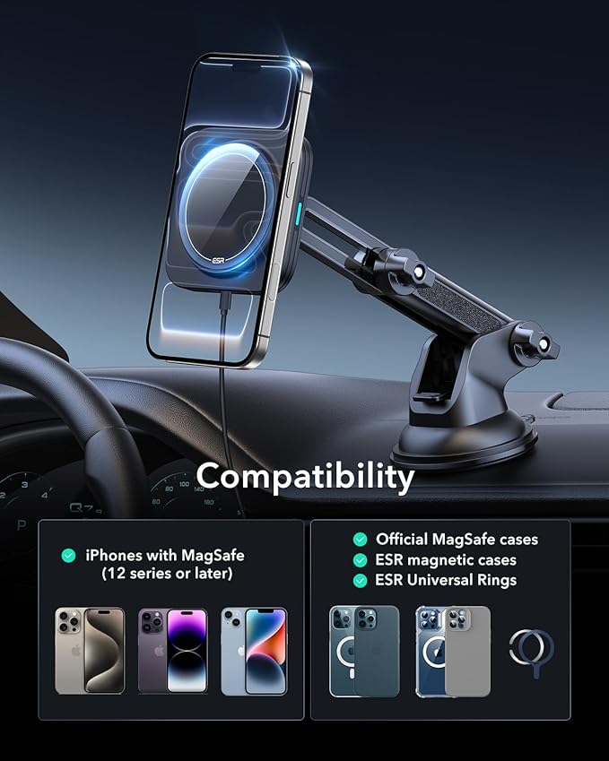 ESR for 15W MagSafe Car Mount Charger, for MagSafe Car Charger, Suction Cup Magnetic Wireless Car Charging, Dashboard Car Phone Mount for iPhone 17/16/15/14/13/12, S25, Pixel 10, Fast Charging
