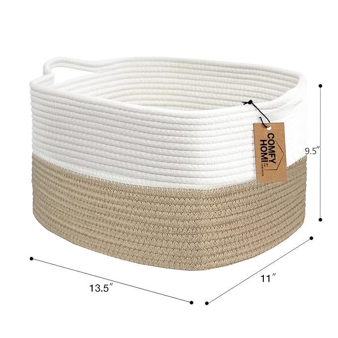 COMFY-HOMI Cotton Rope Woven Basket with Handles for Shelves,Toys,Book, Cloth Storage Baskets Bin for Organizing-13.5"x11"x9.