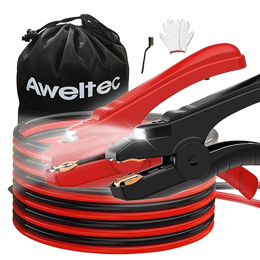 Heavy Duty Jumper Cables,6 Gauge 16 Feet Booster Battery Cable,Automotive Wires with LED Light,Alligator Clips,Carrying Bag,Safety Gloves and Iron Brush for Cars Truck
