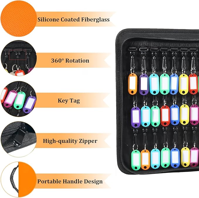 Portable Key Organizer with Handle, Fireproof and Waterproof Key Case, Key Holder with 54 Hooks and Tags Portable Key Storage