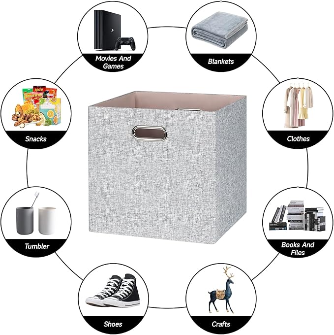 Posprica Collapsible Storage Bins,13×13 Foldable Storage Cube Boxes Fabric Drawer Fabric Storage Bins Vinyl Record Woven Gray