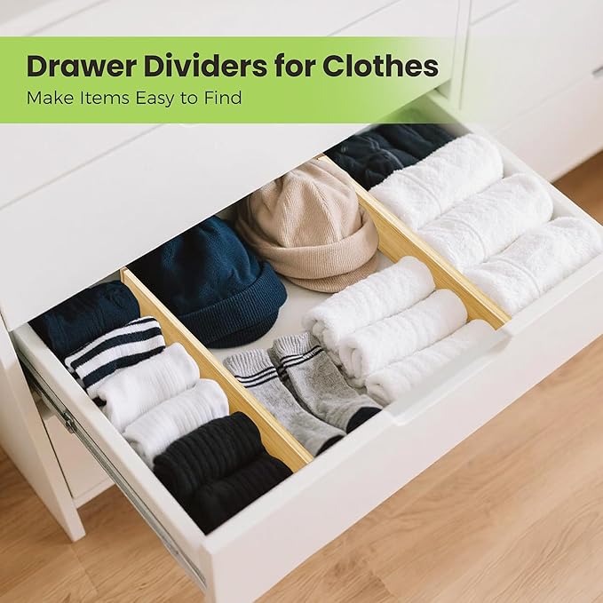 Fyvva Drawer Divider, Adjustable Bamboo Kitchen Drawer Organizer, Spring Loaded Drawer Organizer, Dresser Separators for Kitc