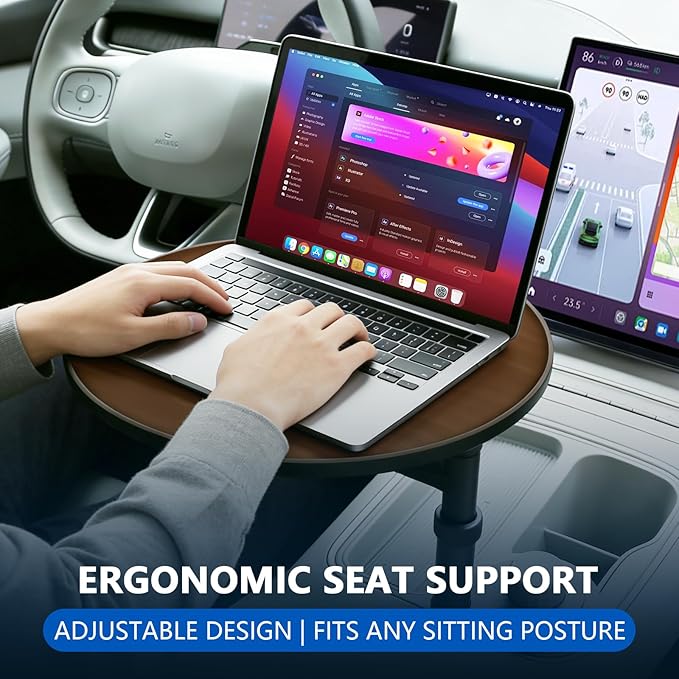 Car Desk for Laptop, Portable 360° Rotation Wooden Steering Wheel Tray (Cup Holder Mounted) for Food, Eating, Office, Compatible with Tesla Model Y/3 & Most Vehicles