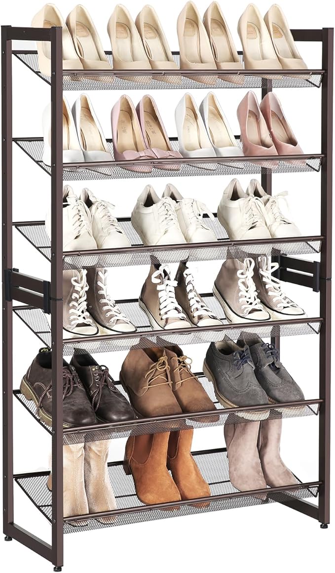 SONGMICS Shoe Rack, 6-Tier Shoe Organizer, Metal Rack for Garage, Set of 2, 3-Tier Stackable Shelf, with Adjustable Flat or A