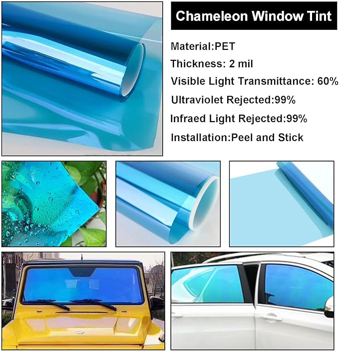XhuangTech Chameleon Light Blue Front Window Roll Tint Solar Film Protection Scratch Resistant 60% VLT (Light Blue, 29.53" in x 4.92' Ft)