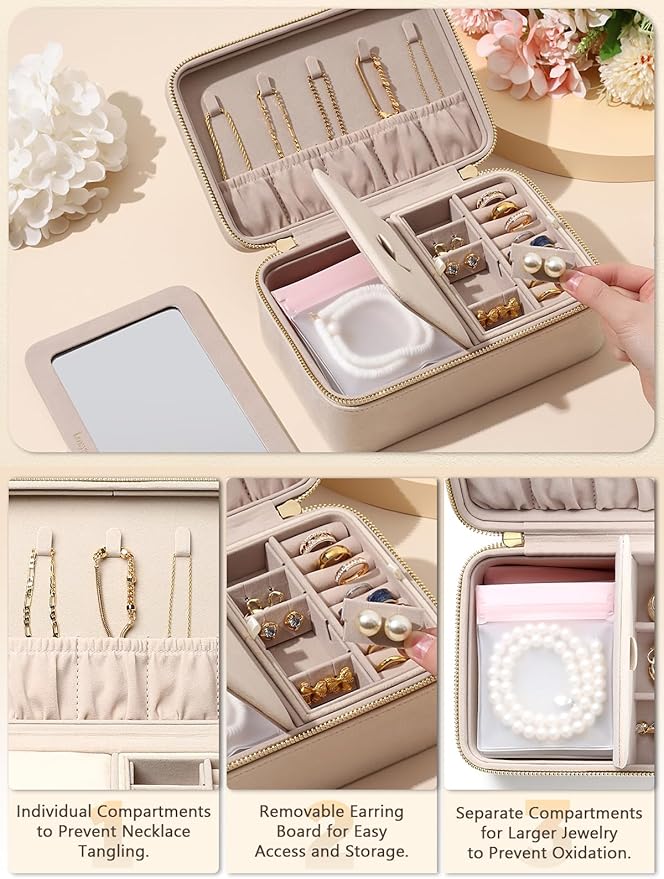 Velvet Travel Jewelry Box with Large Mirror, Double-Layer Jewelry Organizer Case for Women and Girls, Portable Storage Case w