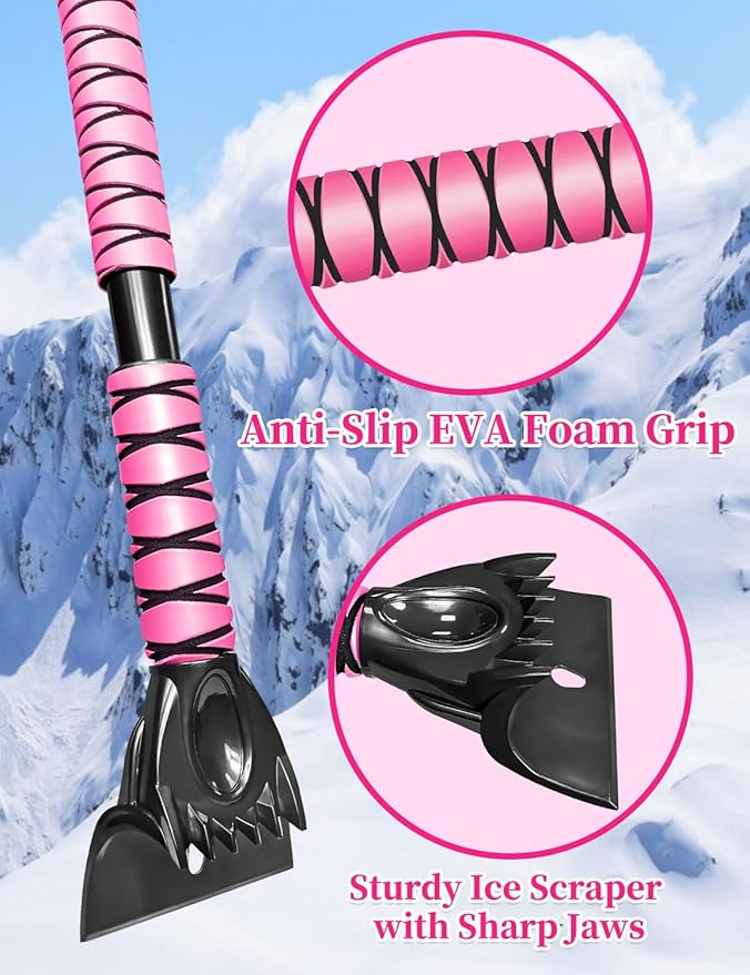 HEEYA 44 Inch Snow Brush for SUV, Ice Scraper for Car Windshield Window, Extendable Snow Scraper and Brush with Comfortable Foam Grip for Truck Vehicle Automobile - Pink