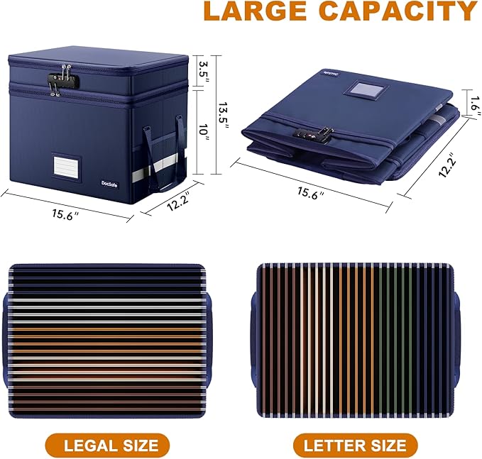 DocSafe File Box with Lock,Multi-Layer Fireproof Document Box Collapsible File Storage Organizer with Pockets/Handle,Large Po