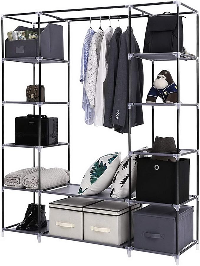 lapday 59 inches Portable Closet Wardrobe, Non-Woven Fabric Closet Storage Organizer with Hanging Rods &12 Storage Shelves, Q