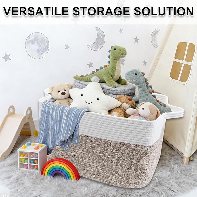 96L Large Blanket Basket,24"x16"x15"Rectangle Storage Bin with Handles,Woven Rope Laundry Basket for Toys, Clothes,Magazines,