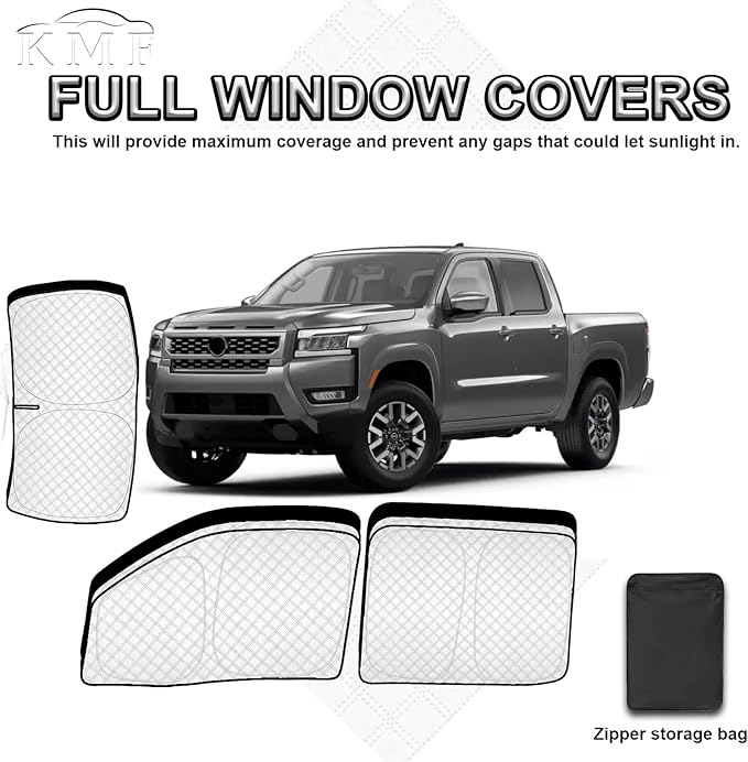 KMF 5pcs Thicken Sun Shades for Nissan Frontier 2022-2025 2026 Accessories, Full Car Window Covers Sunshade for Windshield Side Rear, UV Block and Blackout Privacy for Car Camping Outdoor