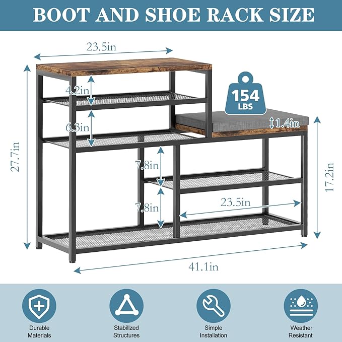Shoe Rack,Freestanding Hidden Shoe Storage Organizer for Entryway, Shoe Bench Shelves for High Boot with Seat Cushion,Wood Sh