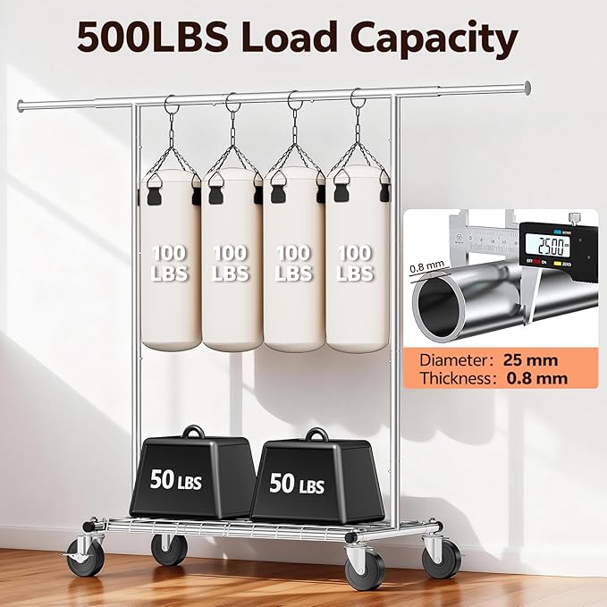 Heavy Duty Clothes Rack - Load 500 LBS, Rolling Clothing Rack for Hanging Clothes with Lockable Wheels & Shelves, Extendable 