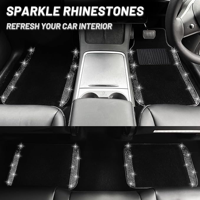 NBTEPEM Bling Car Floor Mats Full Set and Steering Wheel Cover, Universal Fit Most Cars, 4 pcs Sparkle Glitter Diamond Carpet, 5 pcs Bling Car Accessories Set for Women (Black Diamond)