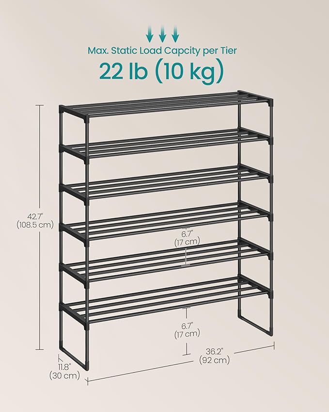 SONGMICS Shoe Rack, 6-Tier Shoe Organizer, Metal Storage Shelf, Upright or Upside Down, for 24-30 Pairs, Stackable, for Entry