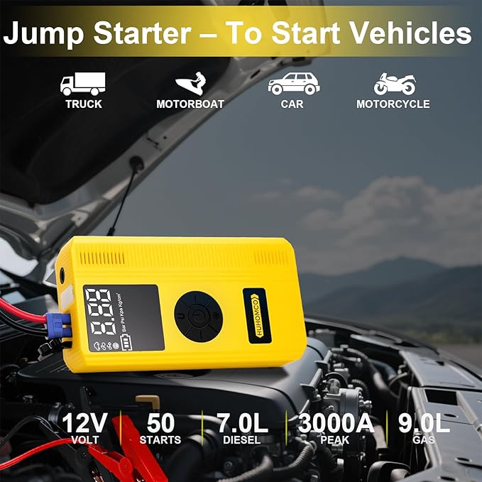 7-in-1 Car Jump Starter with Air Compressor, 3000A Portable 12V Power Pack, 150PSI Digital Tire Inflator for 9L Gas/7L