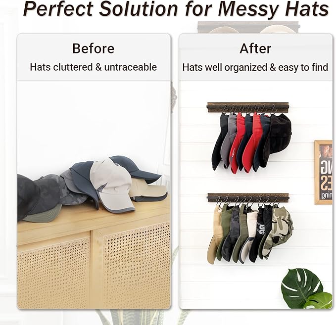 Mkono Hat Rack for Wall Wooden Baseball Caps Organizer with 20 Hooks Rustic Cowboy Hanger Mounted Hats Display Closet Bedroom
