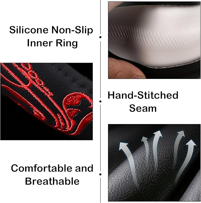 Red Embroidery Butterfly Car Steering Wheel Cover,14.5-15 Inch Universal Leather Covers Breathable Anti-Slip Odorless Steerin
