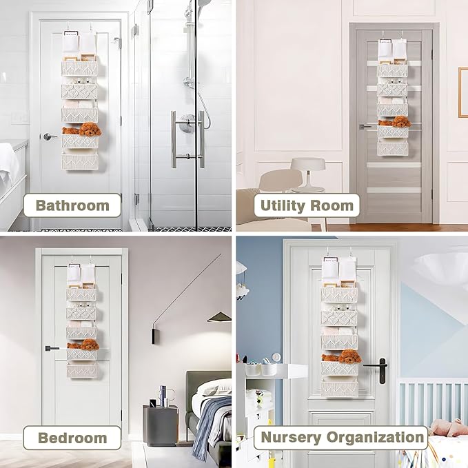 ANTIS'S HOME Over the Door Organizer Macrame Boho Nursery Storage with 5 Large Woven Pockets, Hanging Closet Basket for Bathr