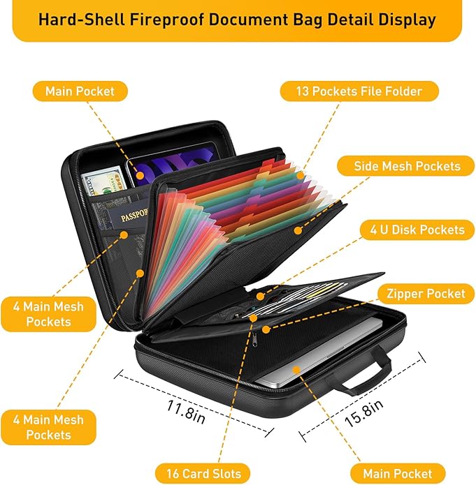 Fireproof Document Organizer Bag, 5200℉ File Organizer Safe Box, Hard Shell Document Bag with 13 Pocket Accordion File Folder