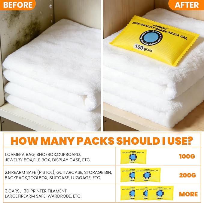 100g (12 Packs) Rechargeable Desiccant Packs for Storage, Color Indicating Silica Gel Desiccant Packets, Moisture absorbers