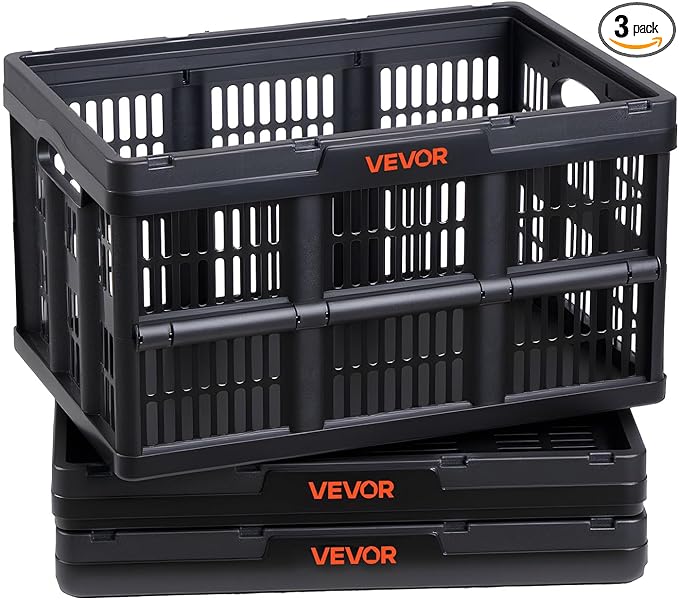 VEVOR Plastic Collapsible Storage Bins, 45L 3 Packs, Stackable Folding Storage Crates with Handles, Holds 33 lbs Per Bin, Fol