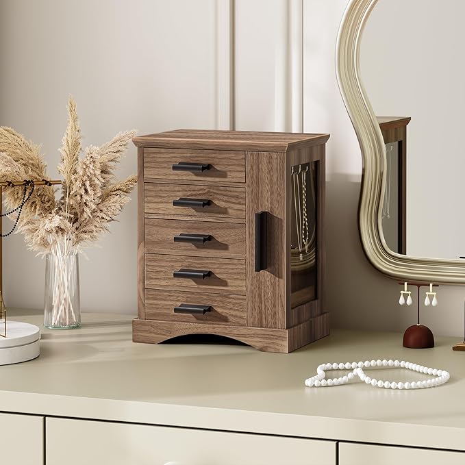 HOOBRO Jewelry Box for Women, Jewelry Organizer with Arc-Shaped Bottom, Wooden Jewelry Box, Side Transparent Window, Vertical