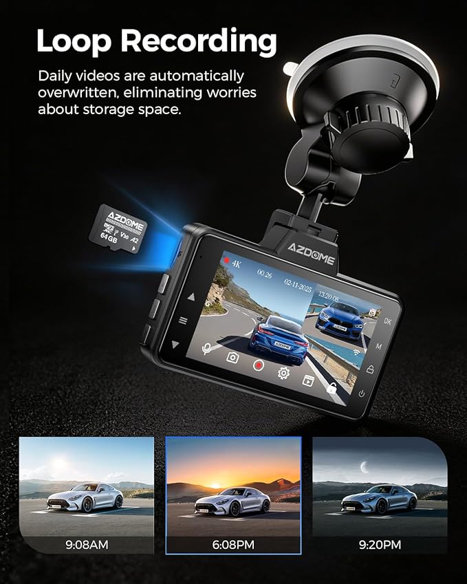 AZDOME M01 Max UHD 4K Dash Cam Front and Rear, Built-in Wi-Fi, Free 64GB Card, App Control, 4K+1080 Dash Camera for Car, Buil